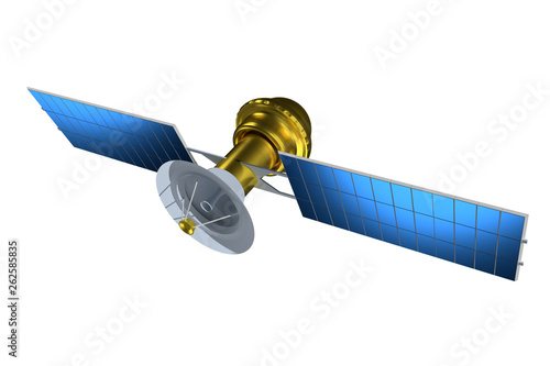 Realistic satellite. 3d render satelit illustration. Satelite isolated on white background. photo
