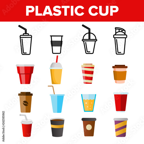 Disposable Plastic Cup Linear Vector Icons Set. Coffee To Go Cup Thin Line Contour Symbols Pack. Takeaway Beverage Pictograms Collection. Coffee, Ice Rea, Cola Mugs. Liquid Packaging