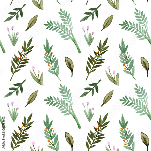 Seamless pattern. Watercolor leaves, branches, berries, flowers. Isolated on white background. Hand drawn illustration photo