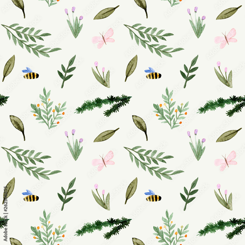 Seamless pattern. Watercolor bee, butterfly, fir, leaves, branches, berries, flowers. Seamless pattern. Watercolor bee, butterfly, fir, leaves, branches, berries, flowers.