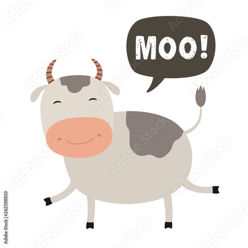 Funny cow cartoon. Talking cloud MOO. Vector Illustration