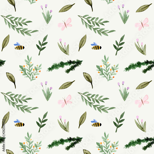 Seamless pattern. Watercolor bee, butterfly, fir, leaves, branches, berries, flowers.