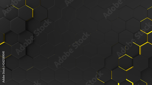 Black abstract background hexagon pattern with light rays. 3d illustration, 3d rendering.