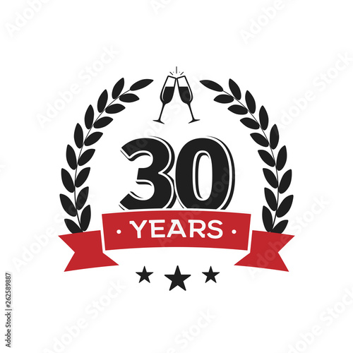 30 th birthday vintage logo template. Thirty years anniversary retro isolated vector emblem with red ribbon and laurel wreath on white background.