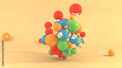 3D illustration of many balls of different colors with symbols of vitamins. Multivitamins in space isolated on orange background. 3D rendering  the idea of a healthy lifestyle
