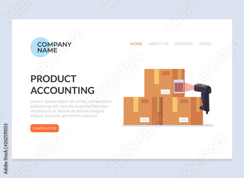 Barcode scanner scanning box label information data. Cargo delivery sale web page banner concept. Vector flat cartoon graphic design isolated icon illustration