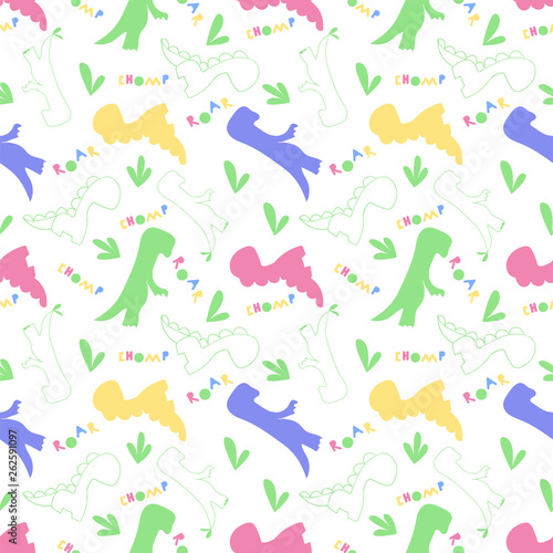 Roar and chomp. Dino pattern. Creative seamless tile with dinosaurs and letter in scandinavian style. Dino print textile. Vector illustration with dinosaurs for poster, greeting card, nursery wall