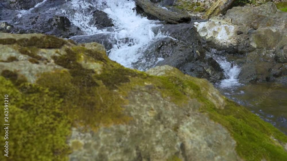 Reveal of Slow motion of clean natural waterfall spilling over rocks with white flowing water going through the forest woods during fall winter during the day Reveal of Slow motion of clean natural waterfall spilling over rocks with white flowing water going through the forest woods during fall winter during the day