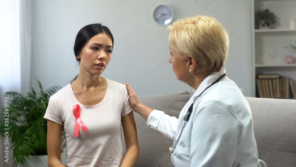 Lady consulting with mammologist, finding tumor in breast, cancer prevention Lady consulting with mammologist, finding tumor in breast, cancer prevention