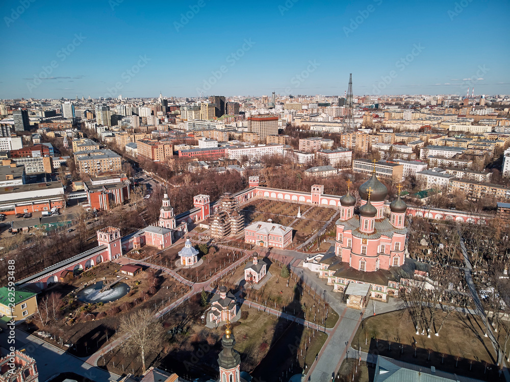 Donskoy Monastery is a major monastery in Moscow. Aerial drone view