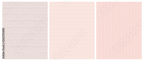 Abstract Hand Drawn Childish Style Loops Vector Pattern Set. White Waves on Various Light Pink Backgrounds. Funny Geometric Repeatable Design.