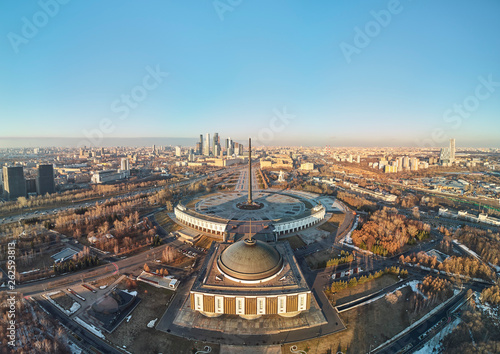 Victory monument. Victory Park on the Poklonnaya Gora the Poklonnay Hill. Cityscape aerial view