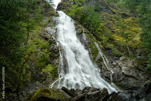 Rocky Brook Falls flows out of the Olympic National Park near Brinnon, Washington on Washington's Olympic Peninsula