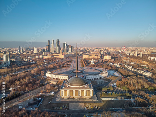 Victory monument. Victory Park on the Poklonnaya Gora the Poklonnay Hill. Cityscape aerial view