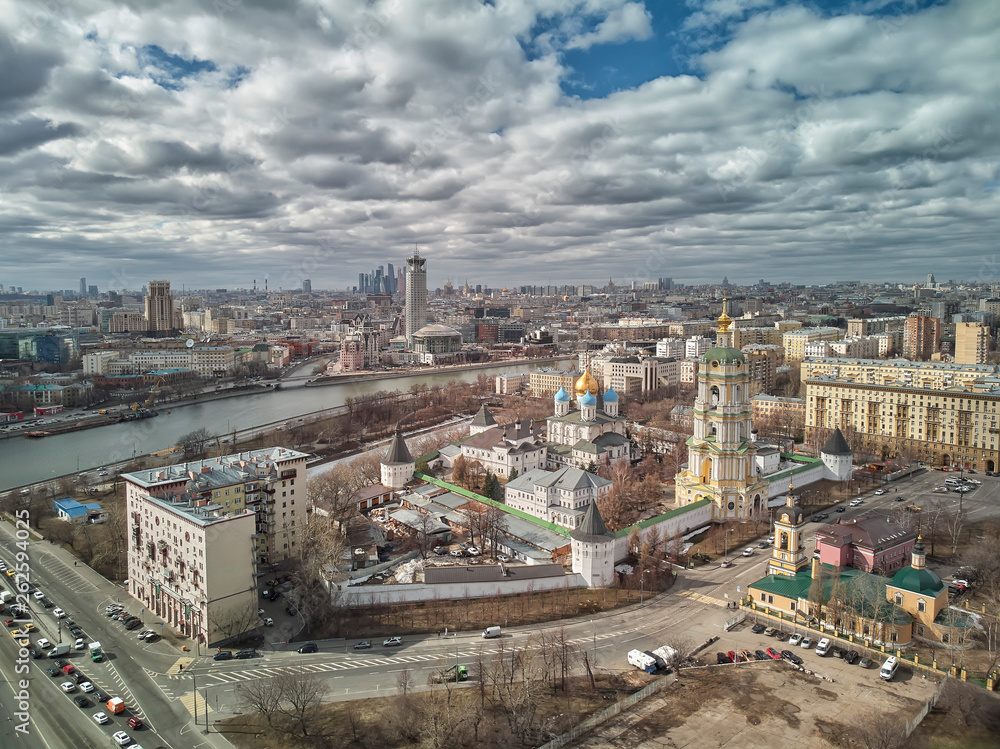 Moscow. Novospassky monastery. The bell tower and church of miracle worker St. Sergius of Radonezh. Aerial view