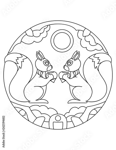 Squirrel pattern. Illustration of squirrels. Mandala with an animal. Wild animal in a circular frame. Coloring page for kids and adults. Cute fluffy rodent.