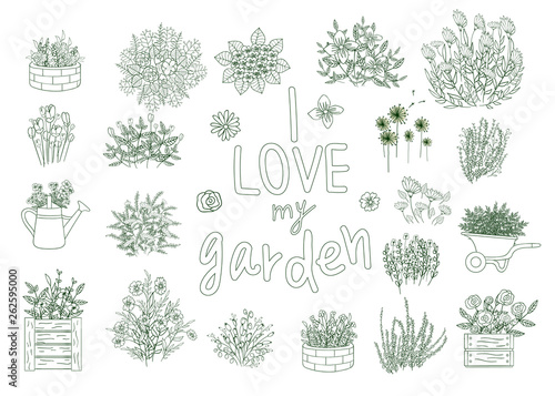 Vector set of black and white garden tools, flowers, herbs, plants. Monochrome  pack of equipment for gardening. Cartoon style