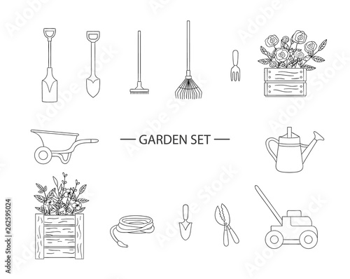 Vector set of black and white garden tools, flowers, herbs, plants. Monochrome  pack of equipment for gardening. Cartoon style