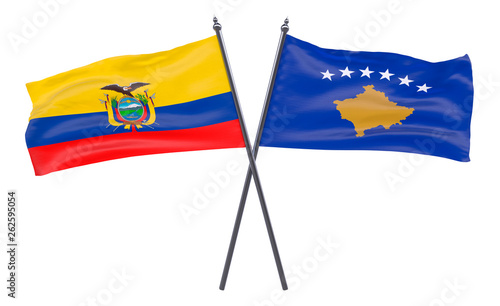 Ecuador and Kosovo, two crossed flags isolated on white background. 3d image