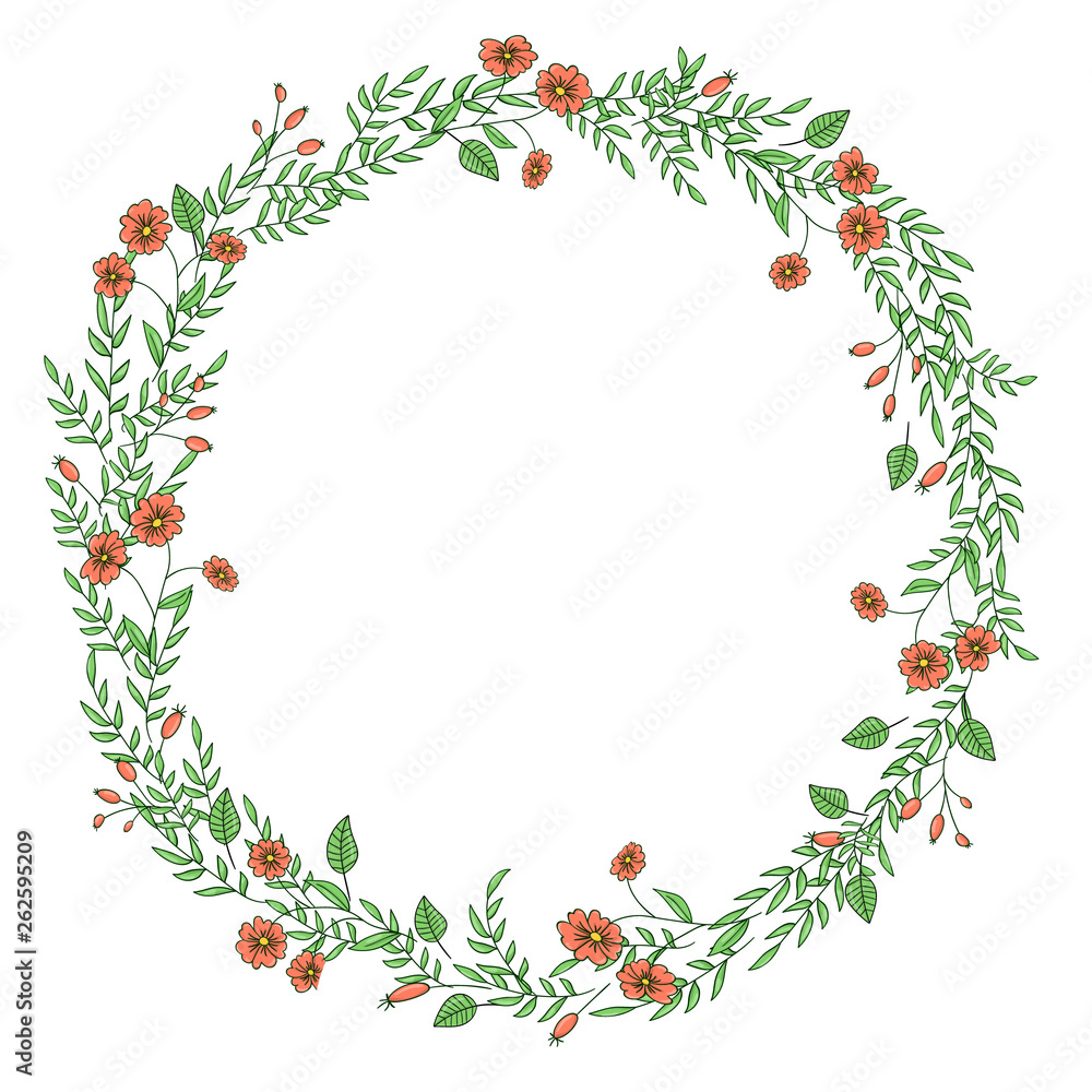 Vector wreath of garden flowers and herbs. Hand drawn cartoon style illustration. Cute summer or spring frame for wedding, holiday or card design Vector wreath of garden flowers and herbs. Hand drawn cartoon style illustration. Cute summer or spring frame for wedding, holiday or card design