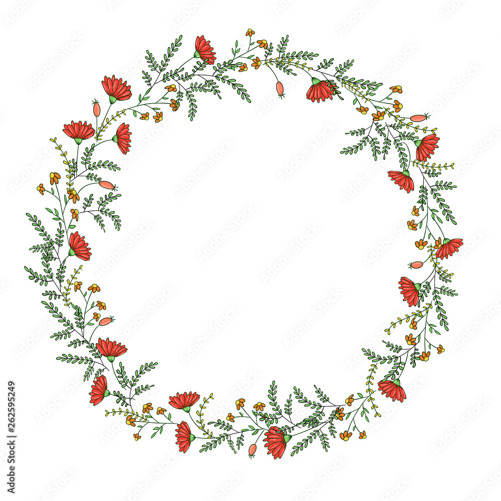 Fototapeta premium Vector wreath of garden flowers and herbs. Hand drawn cartoon style illustration. Cute summer or spring frame for wedding, holiday or card design