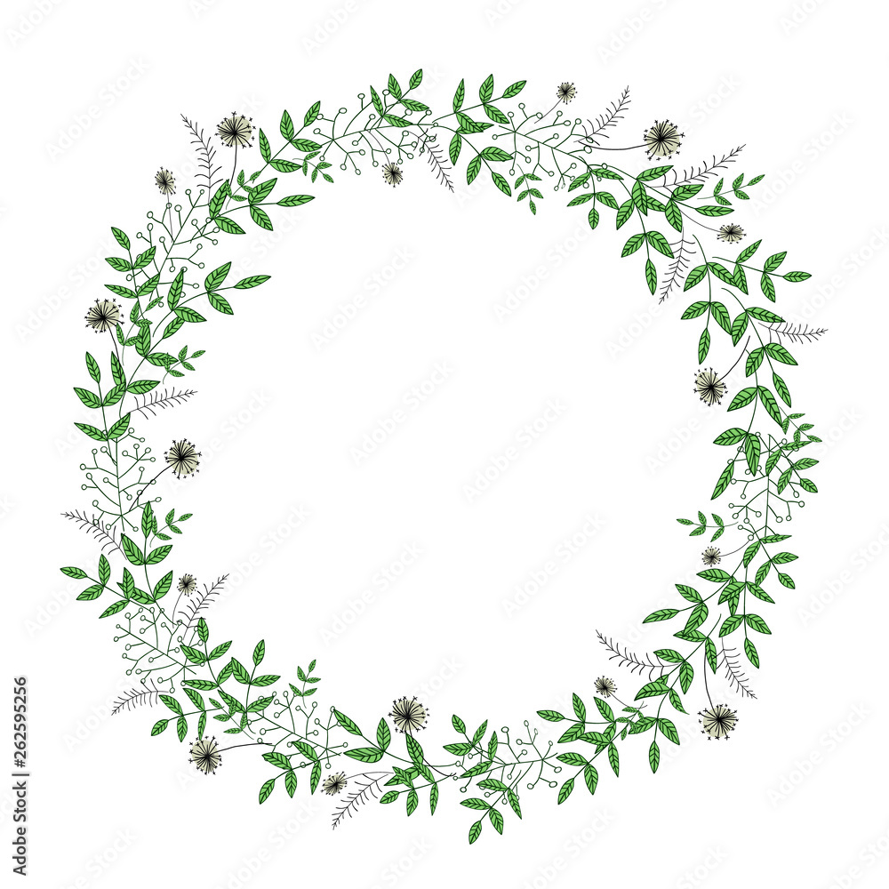 Vector wreath of garden flowers and herbs. Hand drawn cartoon style illustration. Cute summer or spring frame for wedding, holiday or card design