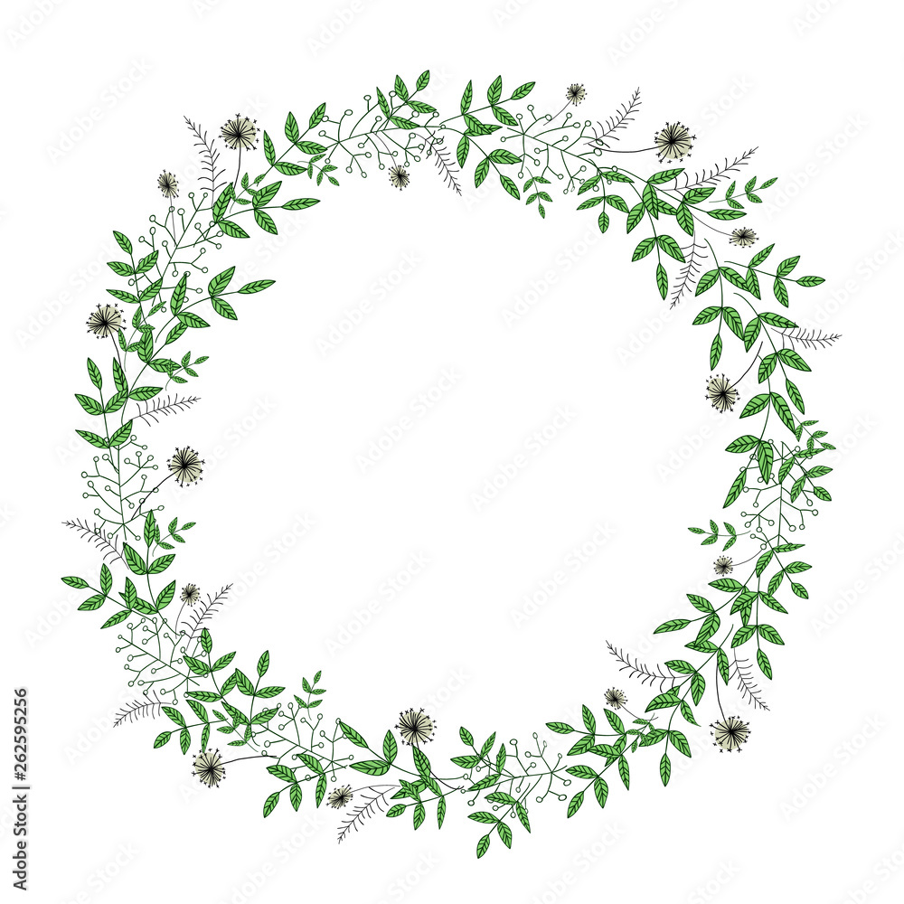 Vector wreath of garden flowers and herbs. Hand drawn cartoon style illustration. Cute summer or spring frame for wedding, holiday or card design Vector wreath of garden flowers and herbs. Hand drawn cartoon style illustration. Cute summer or spring frame for wedding, holiday or card design