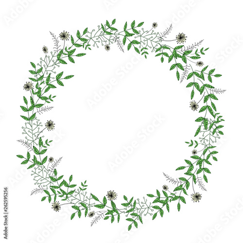 Vector wreath of garden flowers and herbs. Hand drawn cartoon style illustration. Cute summer or spring frame for wedding  holiday or card design