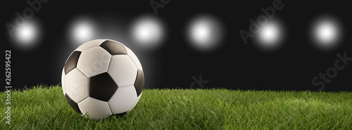 soccer ball green grass 3d-illustration and flood lights