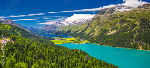 Stunning view of Silsersee, Silvaplanersee, Engadin and Maloja from Corvatsch mountain, Switzerland, Europe.