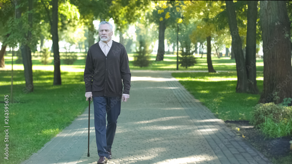 Fototapeta premium Senior man with walking stick strolling along park breathing fresh air, enjoying