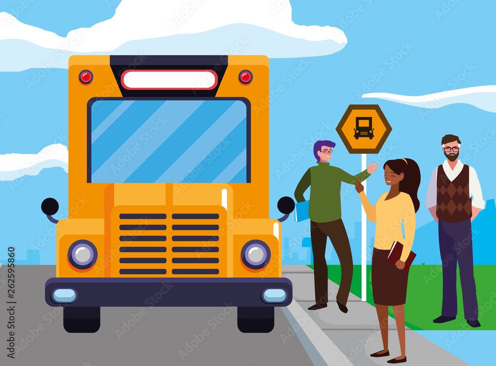interracial teachers group in bus stop interracial teachers group in bus stop