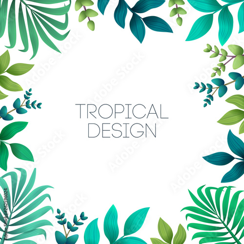 Colorful summer tropical background with exotic palm leaves and hibiscus flow...