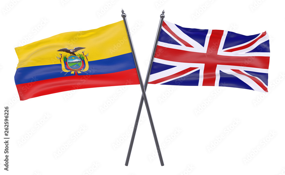 Ecuador and United Kingdom, two crossed flags isolated on white background. 3d image