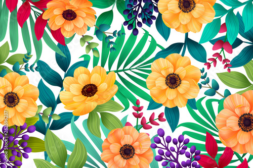 Colorful summer tropical background with exotic palm leaves and hibiscus flow...