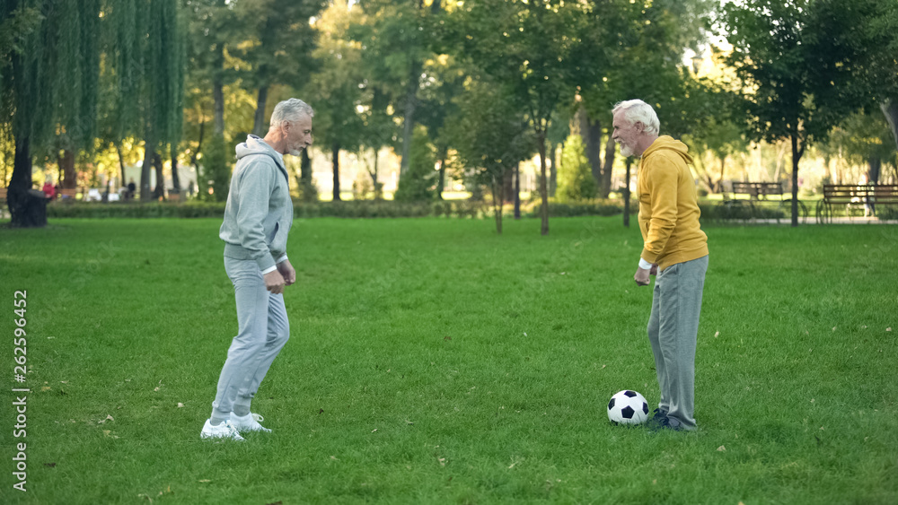 Obraz premium Senior sportsmen playing football on weekend in park, active leisure, friendship