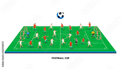 3D isometric football field with football teams. Sport theme, soccer sports field, stadium. Colorful football players on different positions playing soccer. illustration in flat style