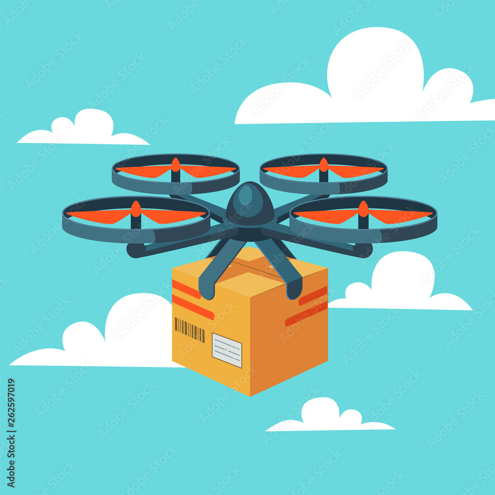 Drone delivery service. Remote air drone with parcel. Modern delivery