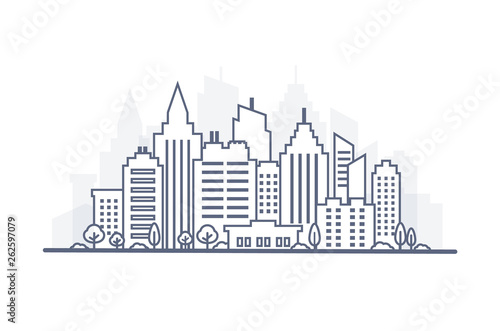 Thin line City landscape. Downtown landscape with high skyscrapers. Panorama architecture City landscape template. Goverment buildings Isolated outline illustration. Urban life