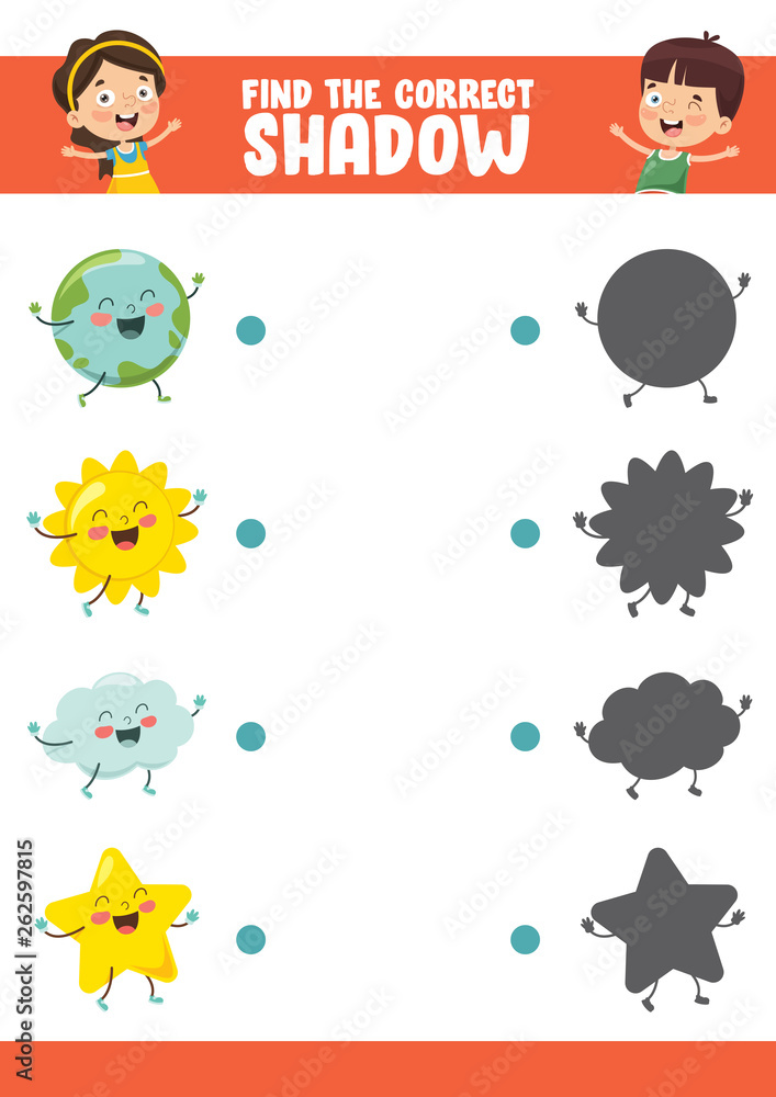 Naklejka premium Vector Illustration Of Finding Correct Shadow Exercise
