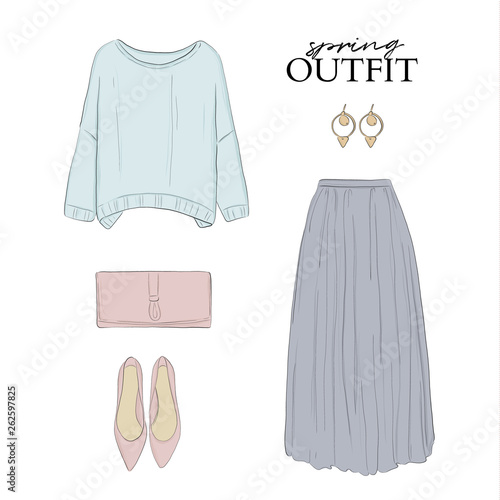 Fashion clothes spring set: sweater, skirt, rose heels and purse. Pastel glamour casual look apparel. Modern fashion style outfit. Vector sketch 