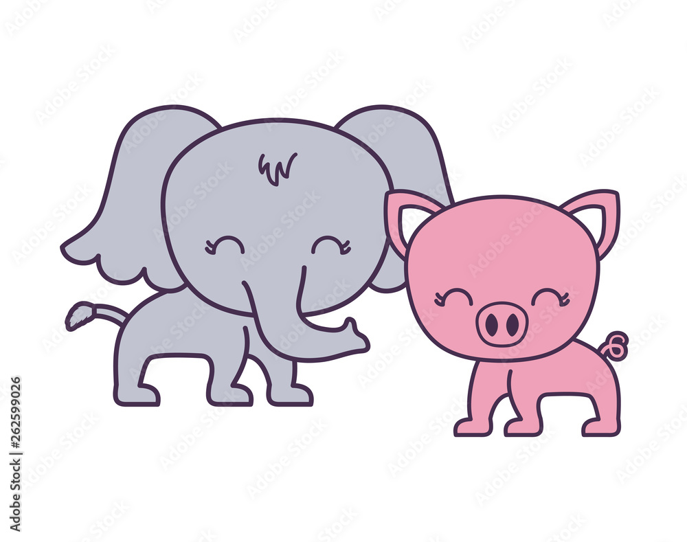 cute elephant with piggy animals isolated icon cute elephant with piggy animals isolated icon