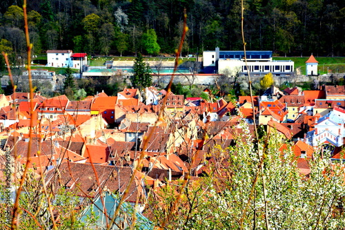 Aerial view. Typical urban landscape of the city Brasov, a town situated in Transylvania, Romania, in the center of the countr photo