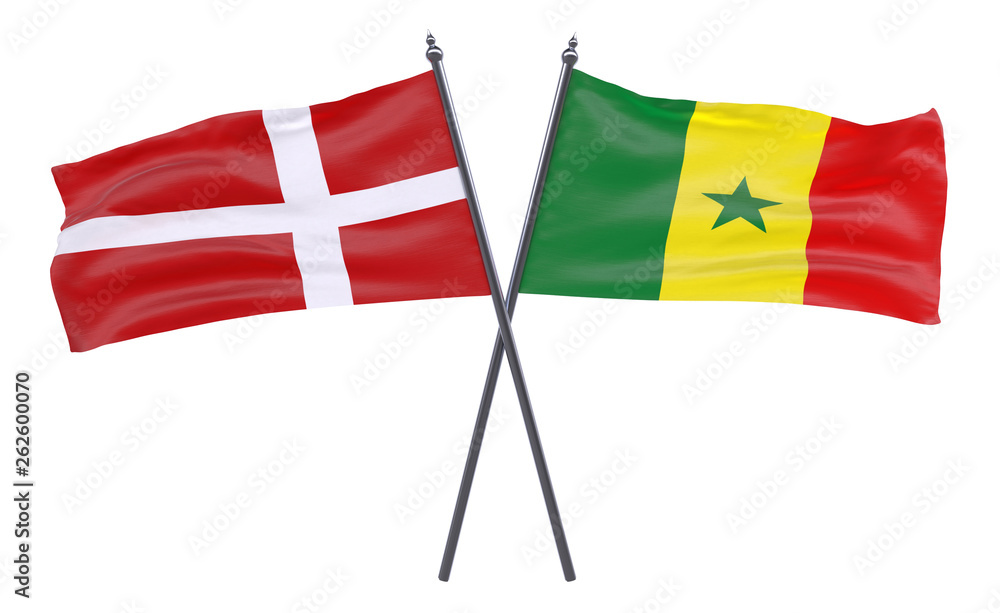 Denmark and Senegal, two crossed flags isolated on white background. 3d image Denmark and Senegal, two crossed flags isolated on white background. 3d image