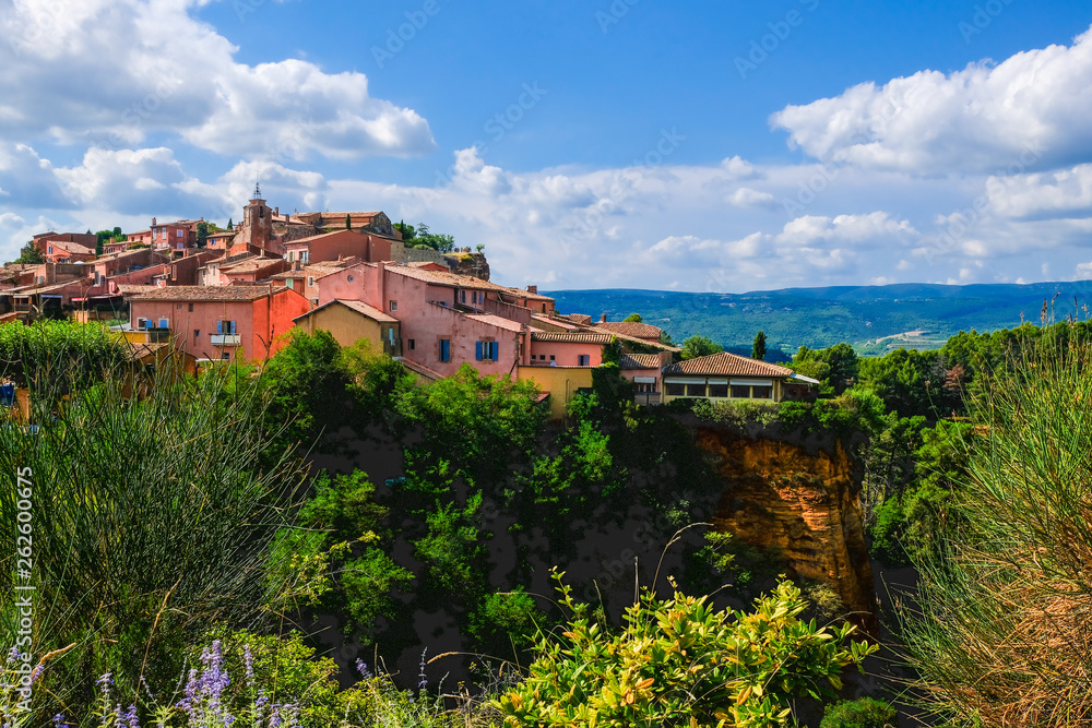 Roussillon. One of the most beautiful village of France, located on ochre deposits. Panoramic view, Provence, France.
