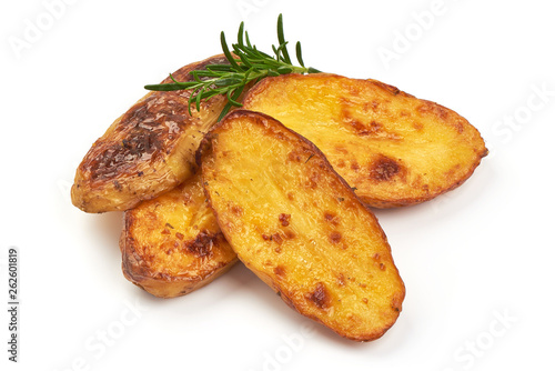 Fry country style potato wedges, baked potatoes, close-up, isolated on white background