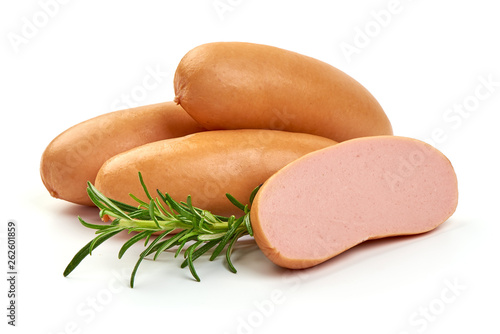 Fresh pork boiled sausages with rosemary, close-up, isolated on white background