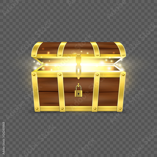 Vector 3d Realistic Opened Empty Retro Vintage Antique Old Treasure Wooden brown Pirate Dower Chest with a Glow, Golden Metal Stripes and Padlock and Keyhole Closeup Isolated on Transparent Background