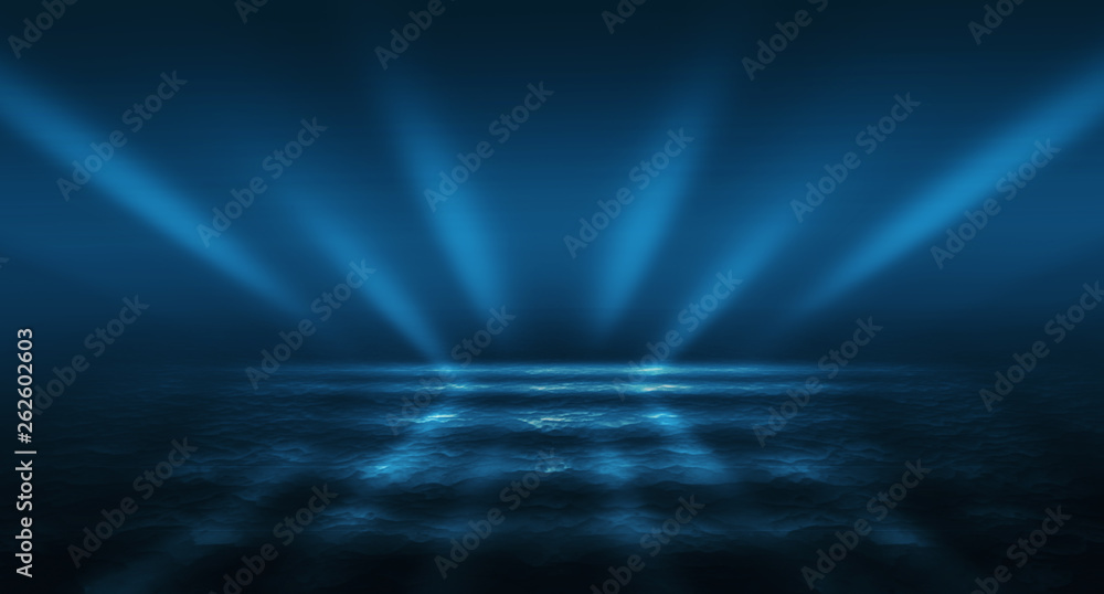 Background of empty street, room. Background of empty scene at night. Concrete coating. Reflection on wet pavement of neon lights. Neon blue lines. Dark abstract background.