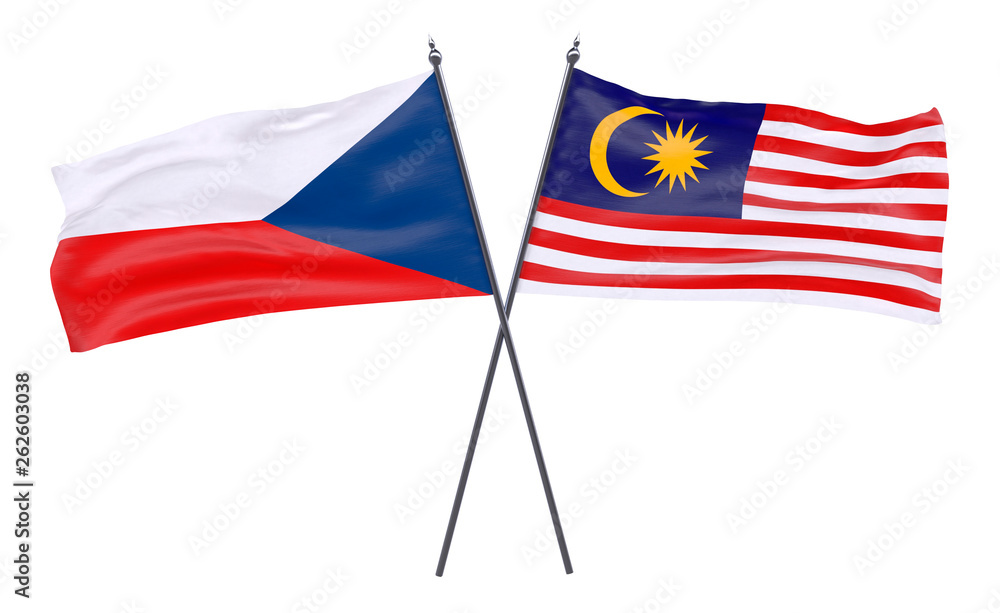 Czech Republic and Malaysia, two crossed flags isolated on white background. 3d image